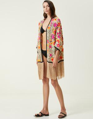 Bej Çiçek Nakışlı Kaftan