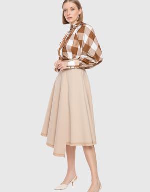 With Stripe High Waist Asymmetric Cut Beige Skirt