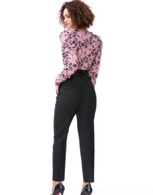With Pleated Sleeves Floral Patterned Black Blouse