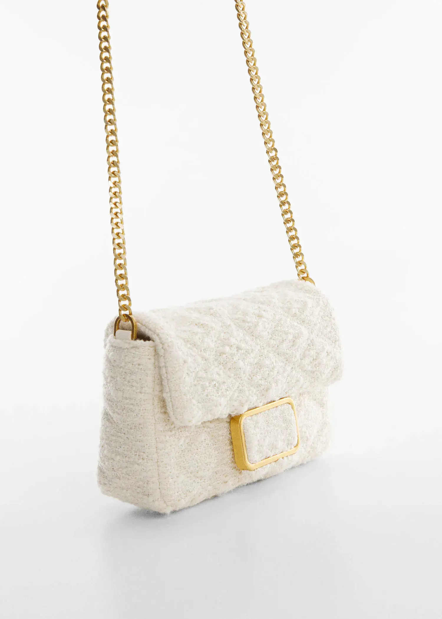 Mango Small textured chain bag. a white purse with a gold chain strap. 