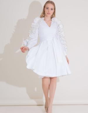 Ruffle Detailed Belted White Poplin Dress with Sleeves