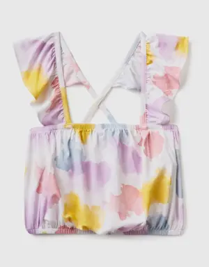 tie-dye look crop top with rouches