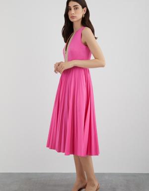 Front Body Zipper Detail Skirt Pleated Pink Dress