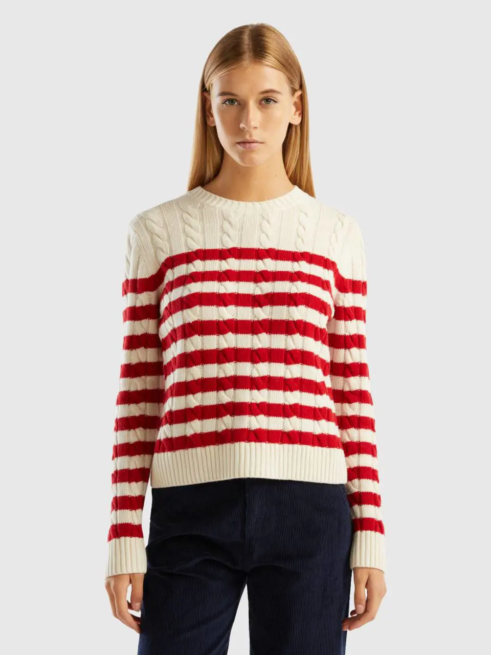 Benetton striped sweater with cables. 1