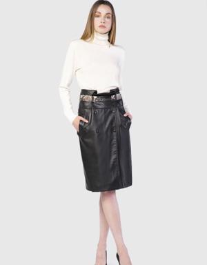 Belt Detailed Midi Length Leather Black Skirt