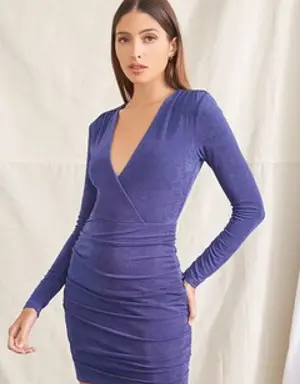 Forever 21 Ruched Surplice Bodycon Dress Blue