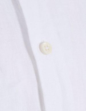 Beyaz Slim Fit Düz 100% Keten Uzun Kol Gömlek