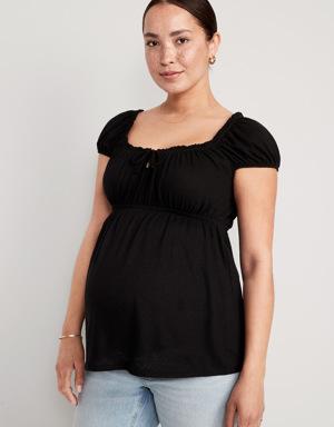 Maternity Cap-Sleeve Tie-Front Linen-Blend Top black