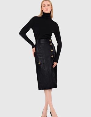 Leather Knee Length High Waist Button Detailed Black Skirt