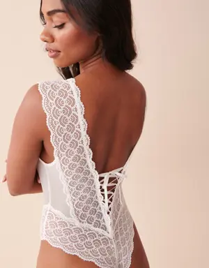 Cross Details Lace and Mesh Plunge Teddy