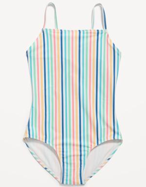 Printed Square-Neck Lattice-Back One-Piece Swimsuit for Girls multi