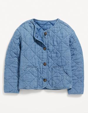 Collarless Quilted Chambray Button-Front Jacket for Girls blue