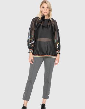 Bow Detailed Colorful Embroidered Organza Transparent Black Sweatshirt