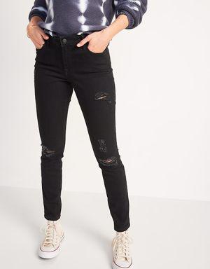 Mid-Rise Pop Icon Black-Wash Ripped Skinny Jeans for Women black
