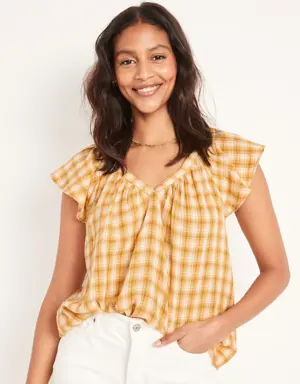 Loose Check-Pattern Flutter-Sleeve Top for Women yellow