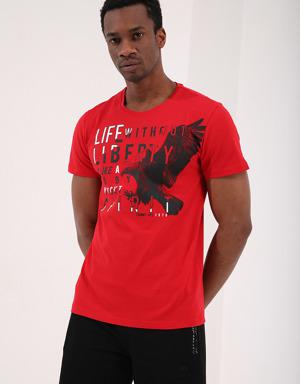 Kırmızı Kartal Baskılı Standart Kalıp O Yaka Erkek T-Shirt - 87932