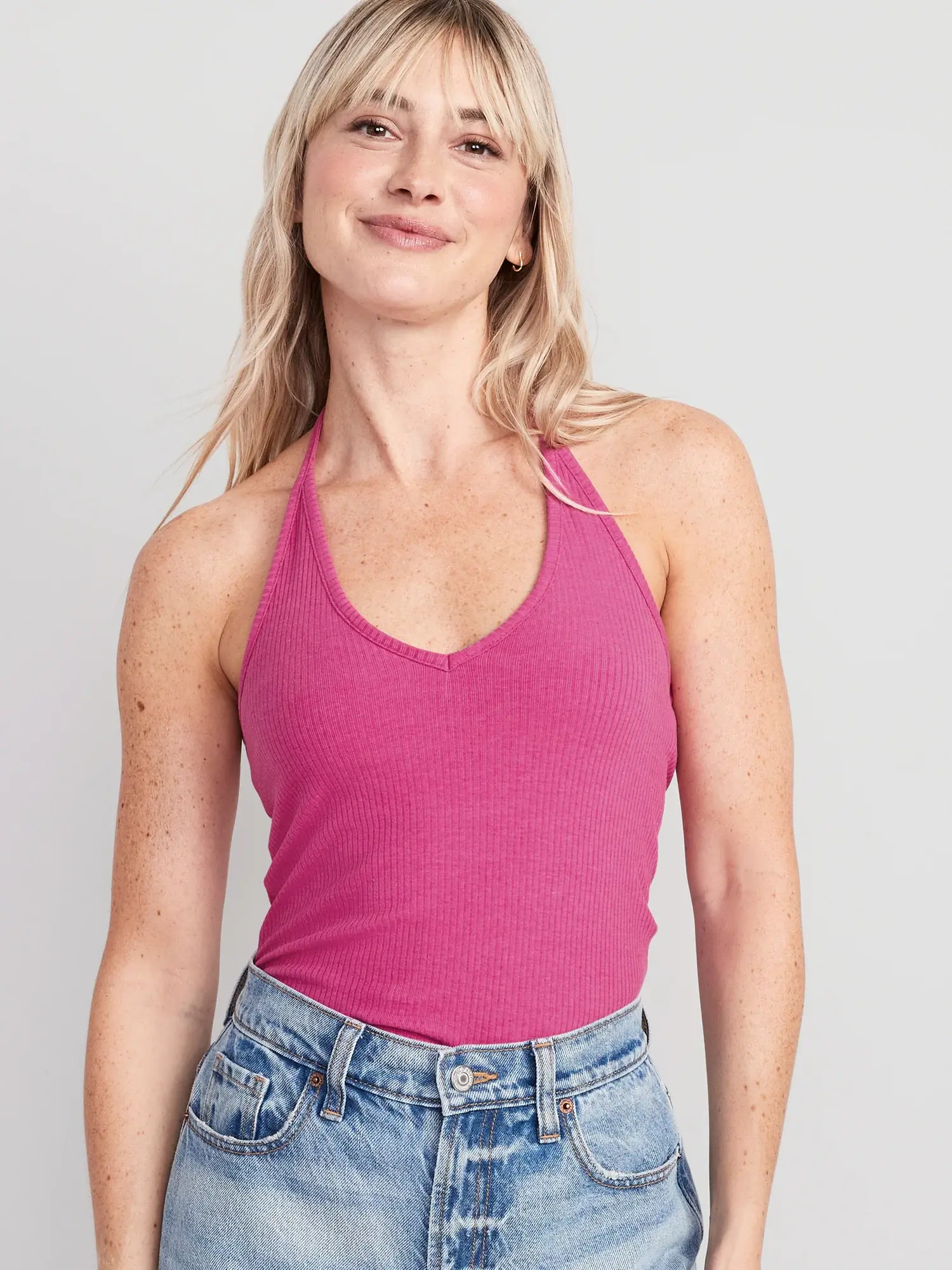 Old Navy Rib-Knit V-Neck Cropped Halter Top for Women pink. 1