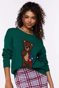 Forever 21 Forever 21 Teddy Bear Graphic Sweater Green/Brown. 2
