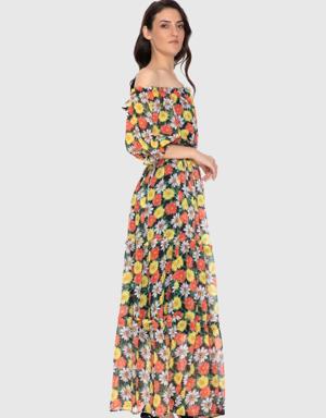 Floral Patterned Long Dress With Off Shoulder Belt