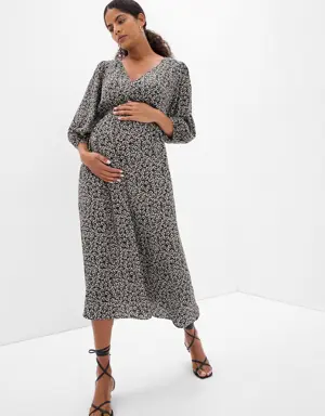 Maternity Puff Sleeve Smocked Midi Dress black