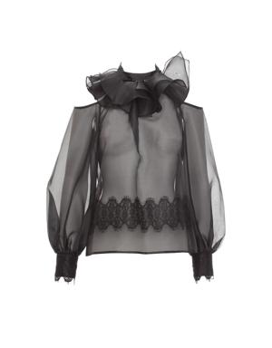 Transparent Black Blouse With Lace Accessories With Low Neckline On the Shoulder