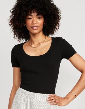 Fitted Scoop-Neck Rib-Knit T-Shirt for Women black