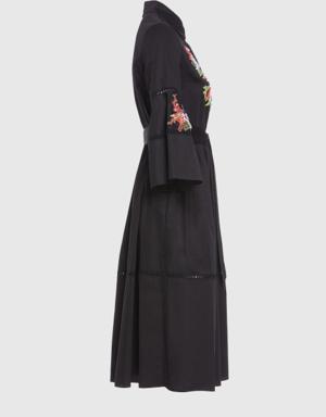 Embroidered Detailed Long Black Dress