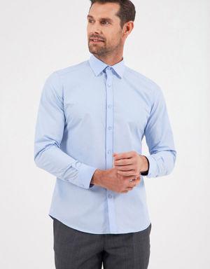 Mavi Düz Slim Fit 100% Pamuk Slim Yaka Uzun Kollu Klasik Saten Gömlek