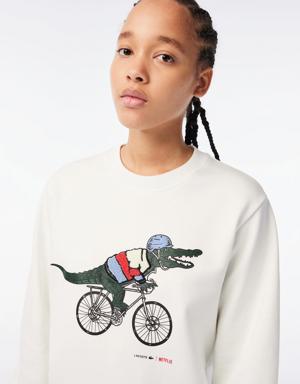 x Netflix Kadın Loose Fit Bisiklet Yaka Baskılı Beyaz Sweatshirt