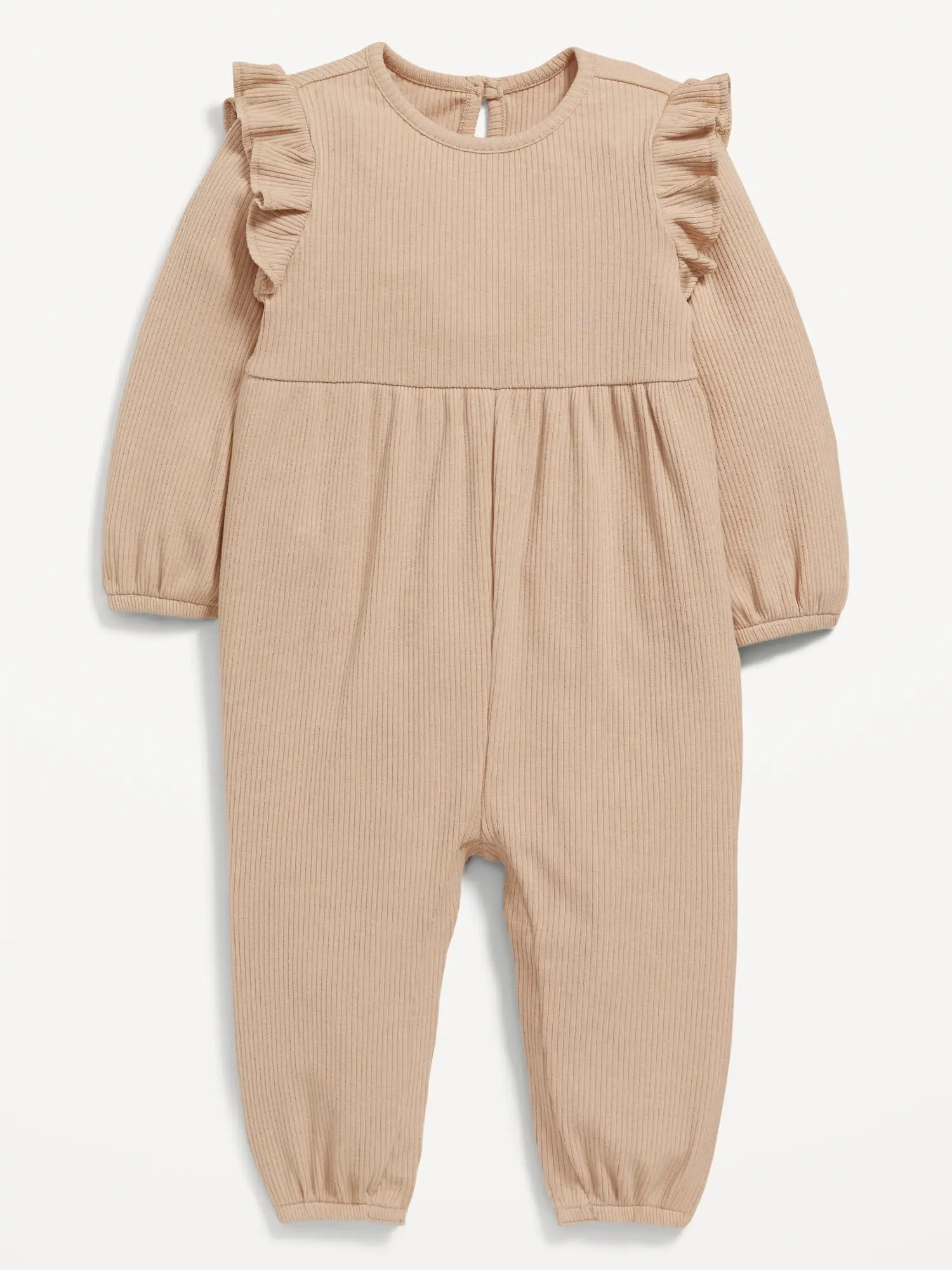 Old Navy Long-Sleeve Rib-Knit Ruffle-Trim Jumpsuit for Baby brown. 1