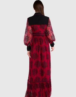 Stripe Accessory And Robe Detail Long Lace Red Dress