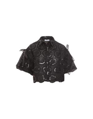 Embroidered Black Lace Shirt with Bow Detail On the Shoulders