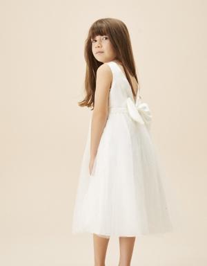 Kırık Beyaz Askılı İnci Detaylı Çocuk Elbisesi
