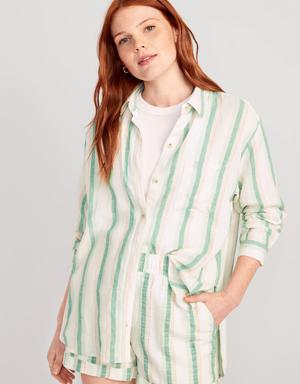 Old Navy Oversized Striped Linen-Blend Boyfriend Shirt for Women green