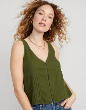 Fitted Sleeveless Linen-Blend V-Neck Top for Women green