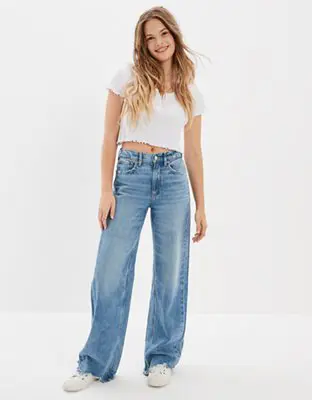 American Eagle Dreamy Drape Super High-Waisted Baggy Wide-Leg Jean. 1