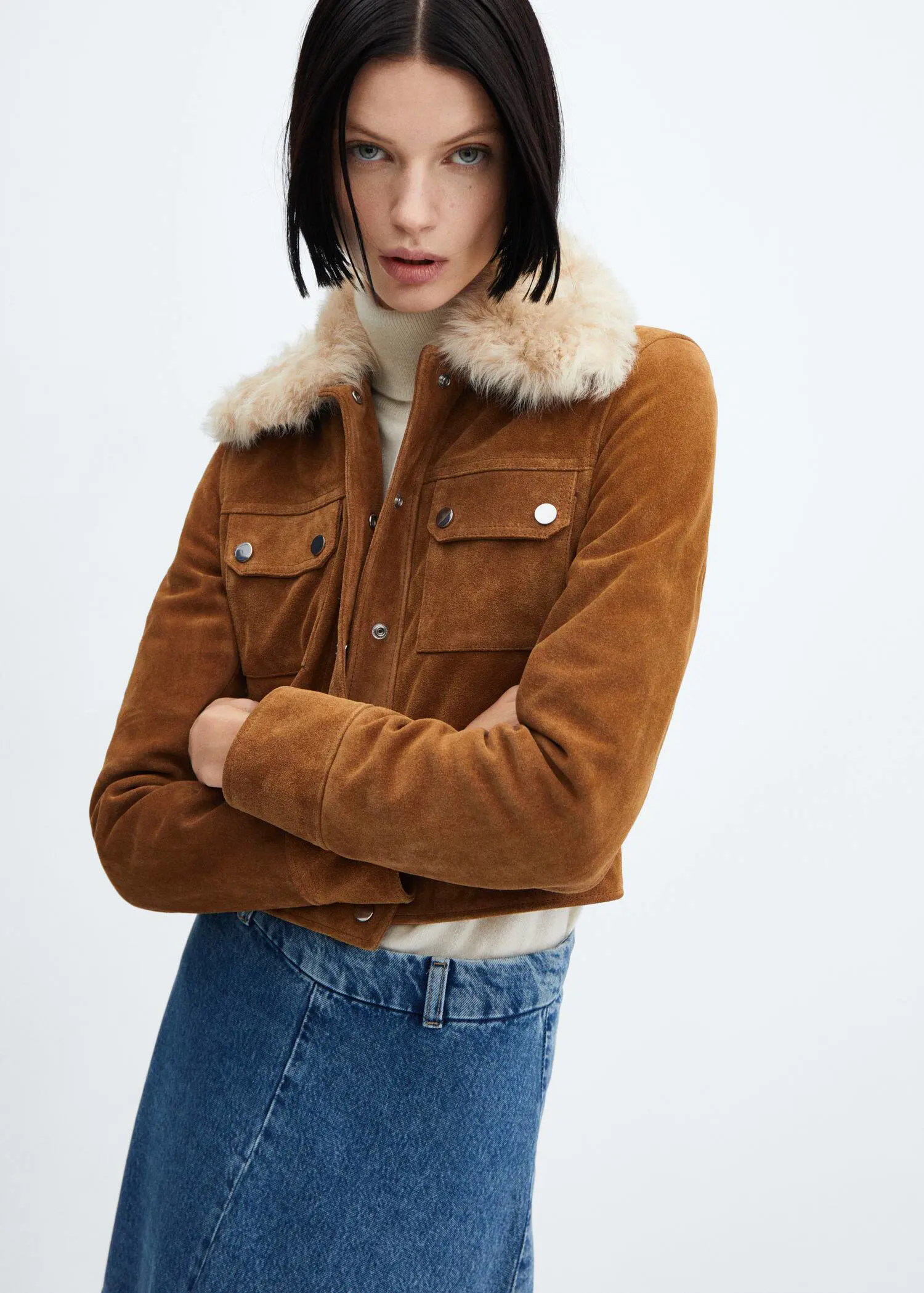Mango Suede jacket with fur-effect collar. 1
