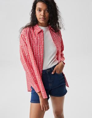 Kadın Relaxed Fit Baskılı Pembe Gömlek