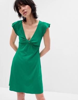 Flutter Sleeve Twist-Front Mini Dress green