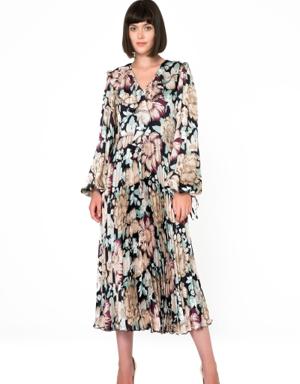 Floral Pattern V-Neck Long Pleated Dress