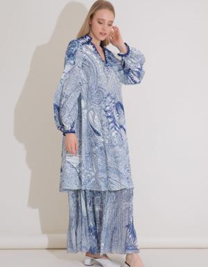Embroidered Detailed Patterned Casual Blue Long Dress