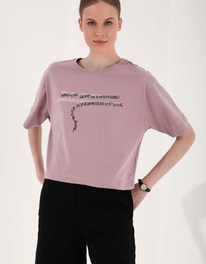 Gül Kurusu Yazı Baskılı Kısa O Yaka Kadın Oversize T-Shirt - 97135