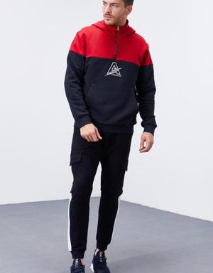 Lacivert Nakış Detaylı Yarım Fermuar Kapüşonlu Erkek Sweatshirt - 88033