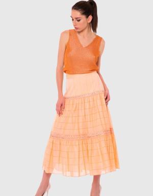 Ruffle And Stripe Detailed Orange Midi Voile Skirt