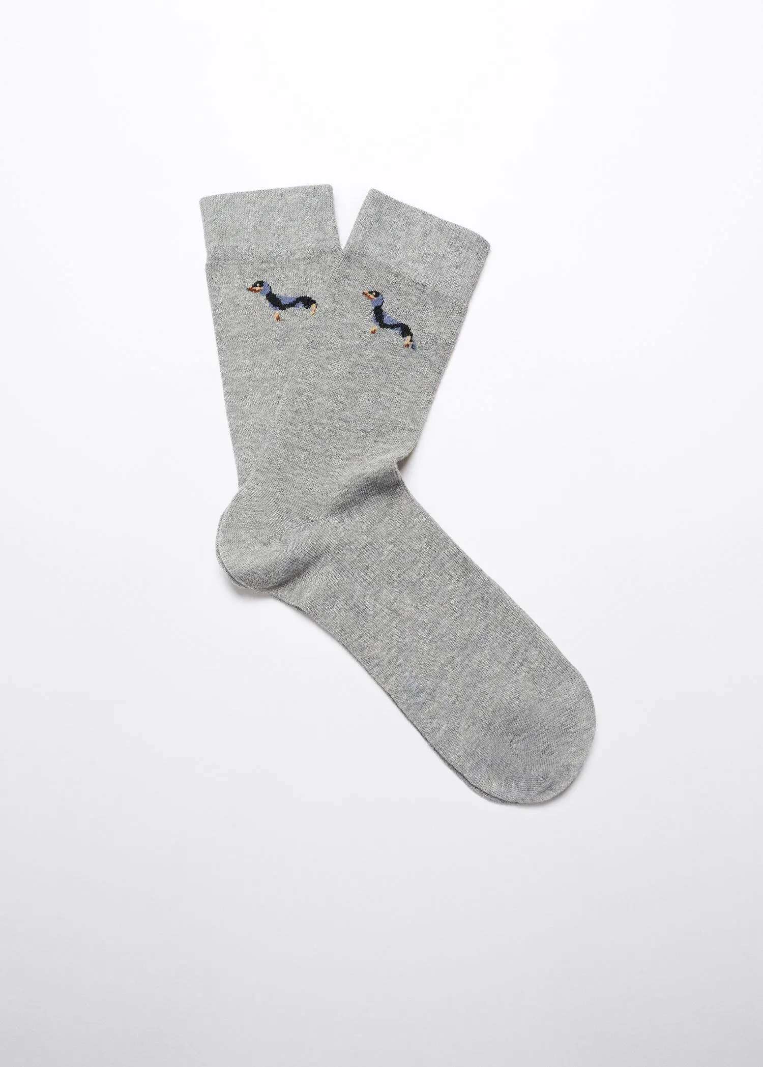 Mango Dog-embroidered cotton socks. a pair of grey socks with a dachshund on them. 