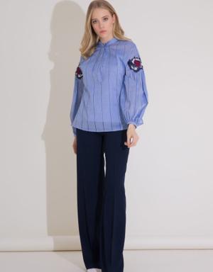 Embroidery Detail Tie Collar Striped Blue Voile Blouse