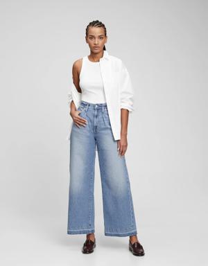 High Rise Pleated Wide-Leg Trouser with Washwell blue