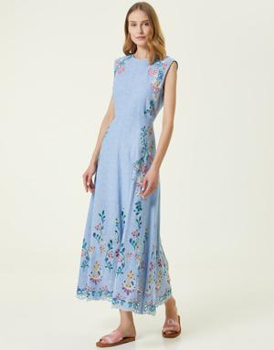 Mavi Çiçek Nakışlı Midi Elbise