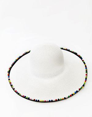 Boncuk ve Ponpon Detaylı Hasır Şapka