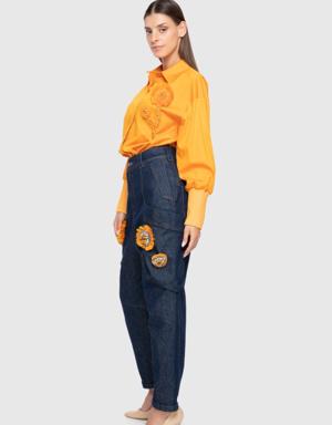 High Waist Slouchy Trousers with Contrast Embroidery Detail